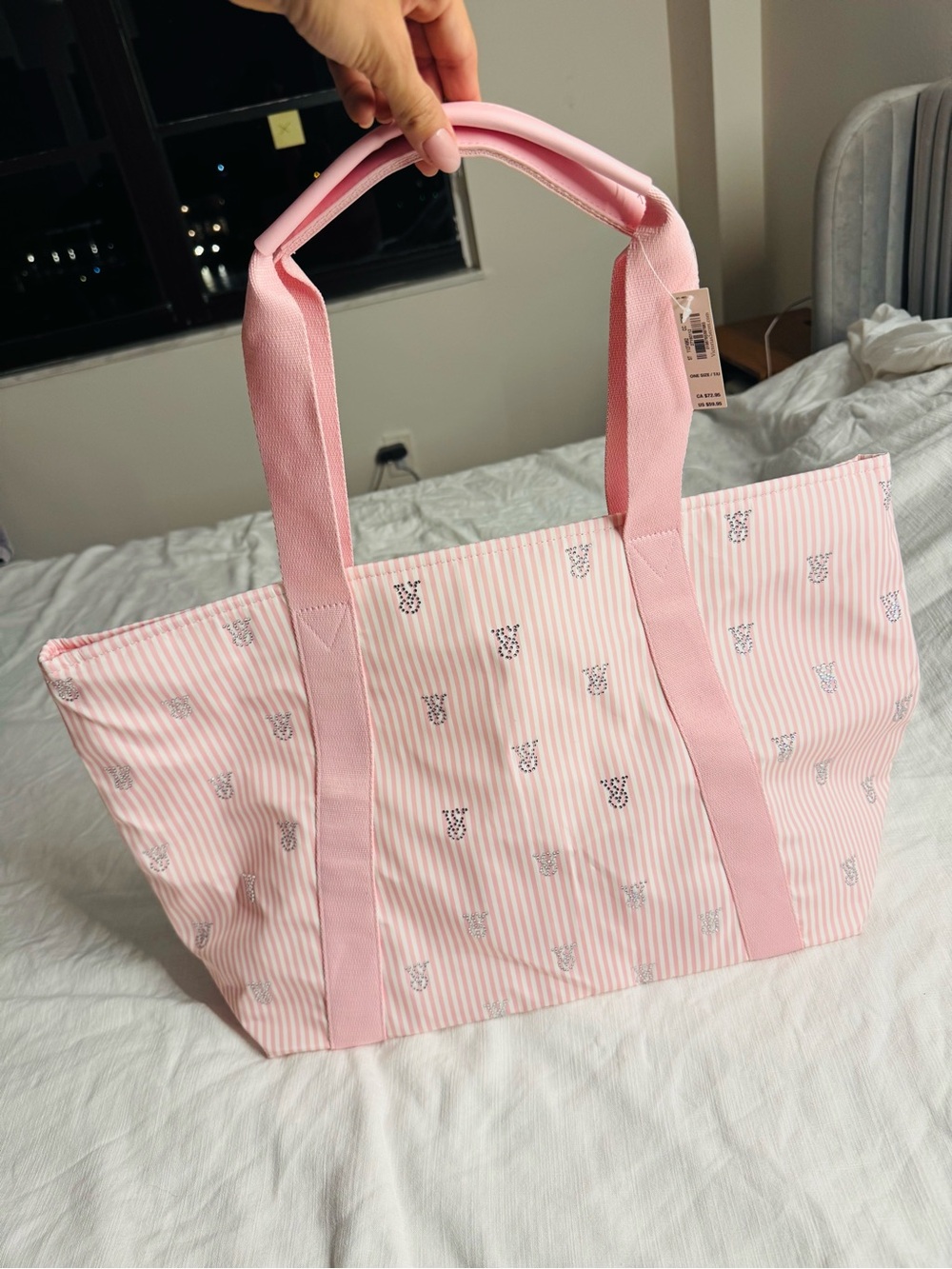 Victorias Secret Pink Striped Canvas Tote Bag with Patterned Accents